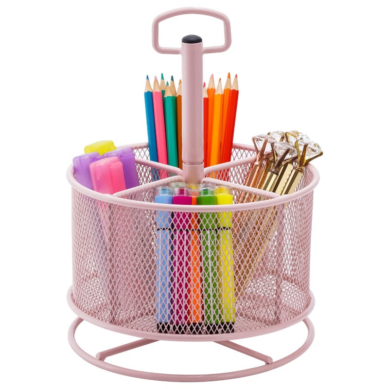 Marbrasse Mesh Desk Organizer  360-Degree Rotating Multi-Functional Pen Holder  4 Compartments Desktop Stationary Organizer  Home Office Art Supply Storage Box Caddy (Pink) - Image 1